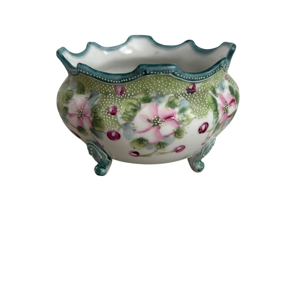 VTG  Hand Painted Floral Porcelain Footed Bowl Moriage Scalloped Rim Pink Green